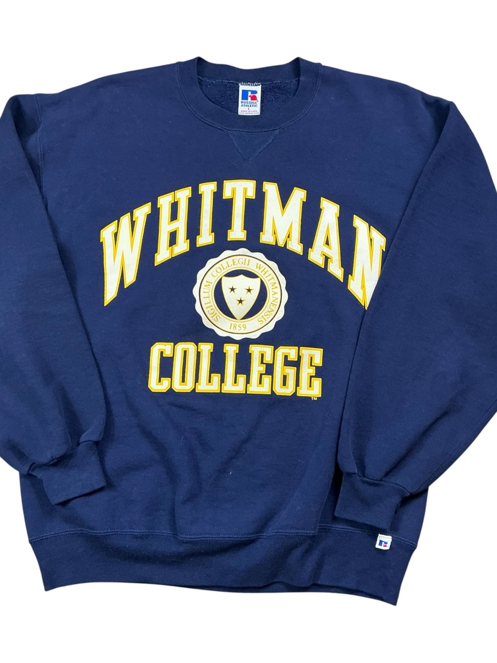Russell Athletic Navy Blue Whitman College Crewneck Sweatshirt with Yellow Logo